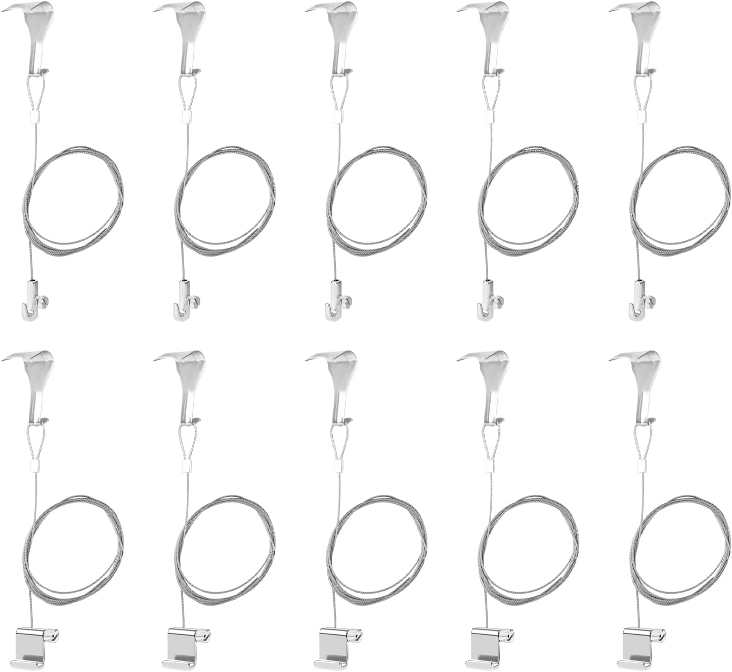 Adjustable Picture Rail Hanging System 2 Types of Screw Hook , 3.3 ft (1 m) 304 Stainless Steel Metal Wire Loop, 33 lb (15 kg) Max Load, Molding Hooks Art Frame Displaying Hanger(Silver, 10 Pack)