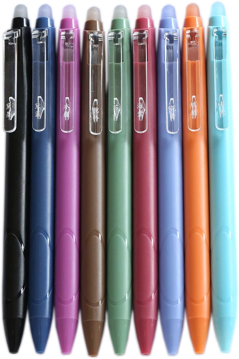 GANSSIA Vintage 9 Colors Erasable Gel Ink Pens 0.5mm Point Assorted Erasable Gel Pen Retractable for Writing Drawing Coloring Art Pack of 9PCS