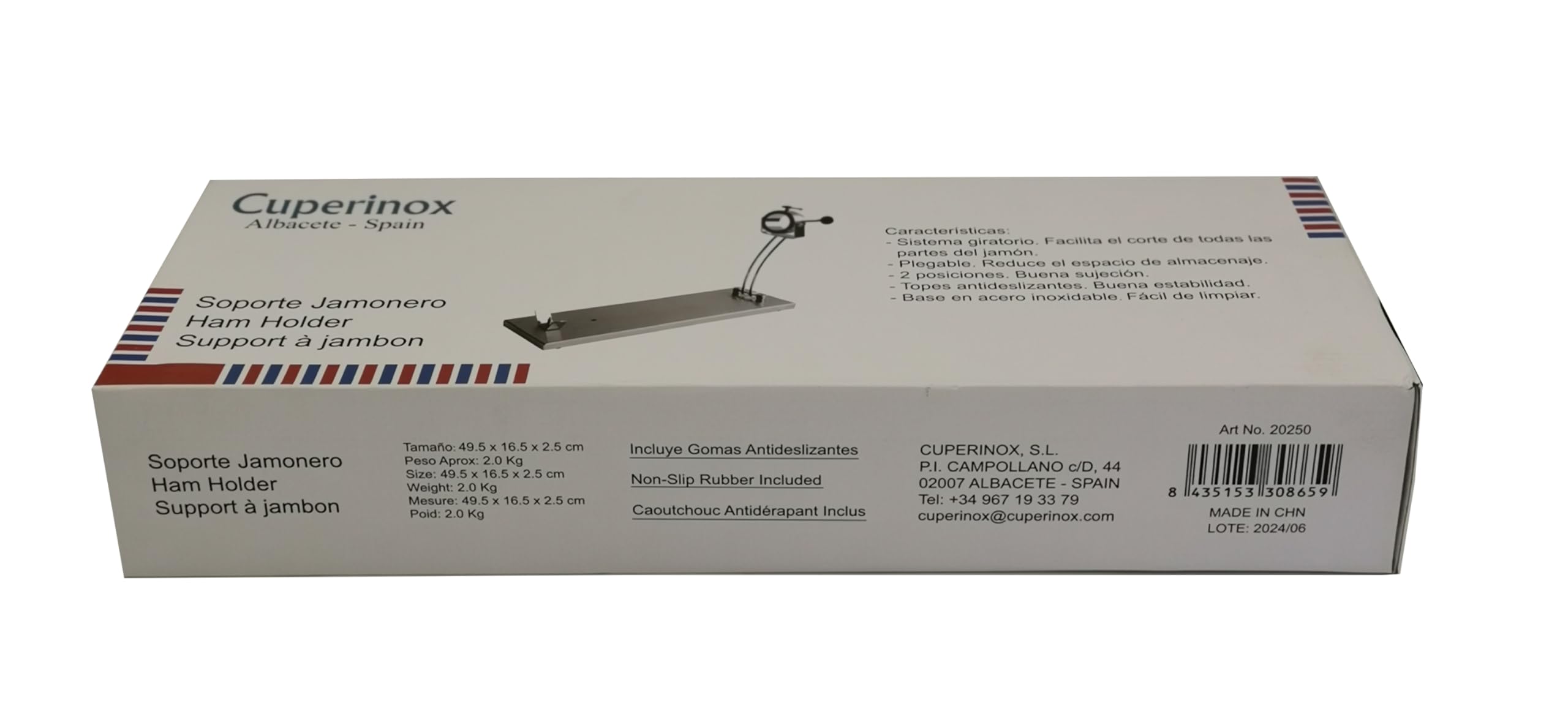 Support à jambon inoxydable pliable et rotatif professionnel avec base antidérapante pour couper les jambon et les palettes, comprend un couteau professionnel + aiguiseur | Elite (Inox + Couteau)