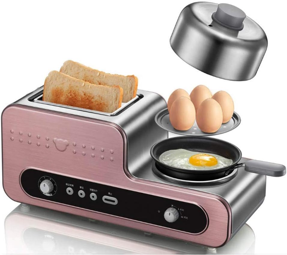 Retro 3-in-1 Breakfast Station Machine Center Family Egg Griddle Electric 2 Slice Toaster Maker Stainless Steel Multifunction Oven Non-Stick Pot Easy to Use