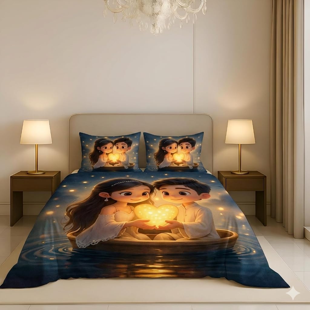 Home Sazawat Romantic Cartoon Couple Bedsheet King Size – Cute Love Heart Aesthetic Bed Sheet Set, Night Sky 7D Printed Bedding with Pillow Covers, Soft Microfiber Bedsheet for Bedroom Decor & Gift-picture-12