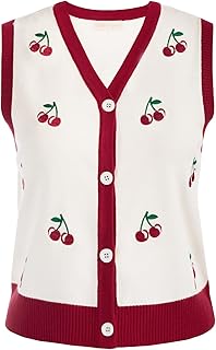 Belle Poque Women's Sweater Vest Button Down V-Neck Knit Sweater Cherries Embroidery Vest Sweater