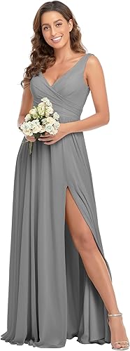 Rjer Vestido de dama de honor de gasa con cuello en V para mujer, largo, fruncido, acampanado, plisado, vestido de noche formal con abertura