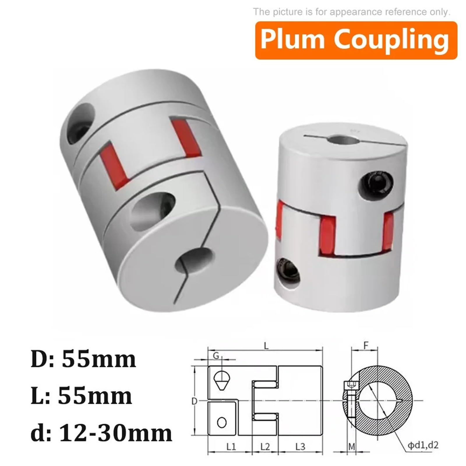 1 pièce de coupleur de serrage flexible D55L55, taille d'arbre CNC, accouplement d'arbre à mâchoires 12 mm-30 mm D55 L55(16x20mm)