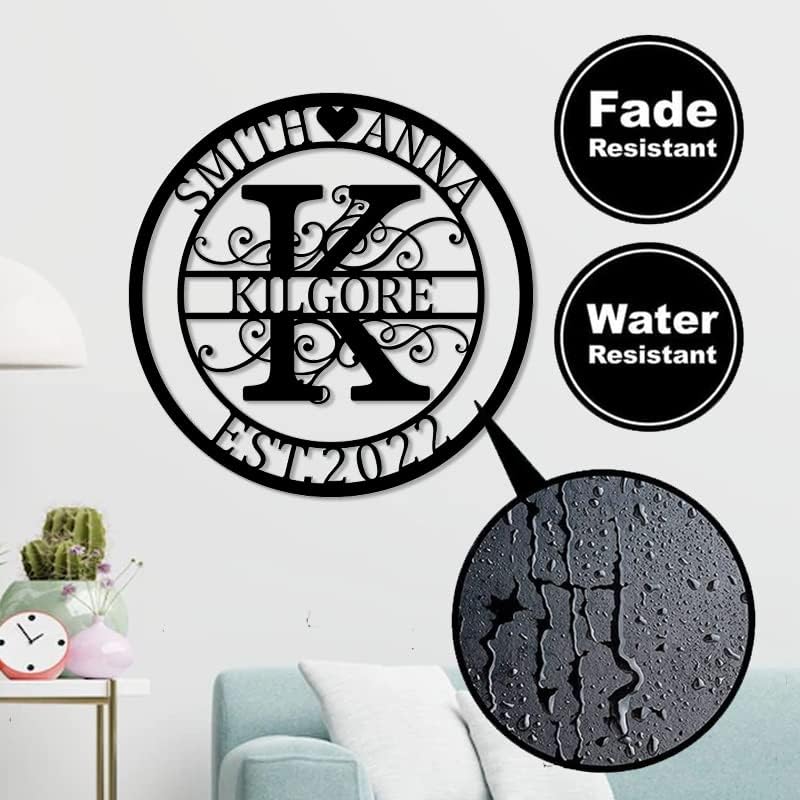 Miniatura 4 de Letra de monograma ornamentada con primer apellido y fecha EST, letrero de nombre de letra dividida  Letrero de metal personalizado con nombres