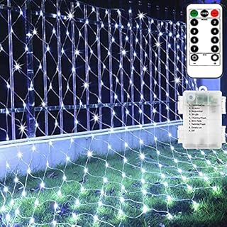 1.5m x 1.5m Garden Net Lights String Cool White, Battery 100 LED Fairy Lights Waterproof IP65, 8 modes Remote Timer Dimmable Patio Curtain Lights for Bush Deck Fence Wall Party Wedding Christmas Decor