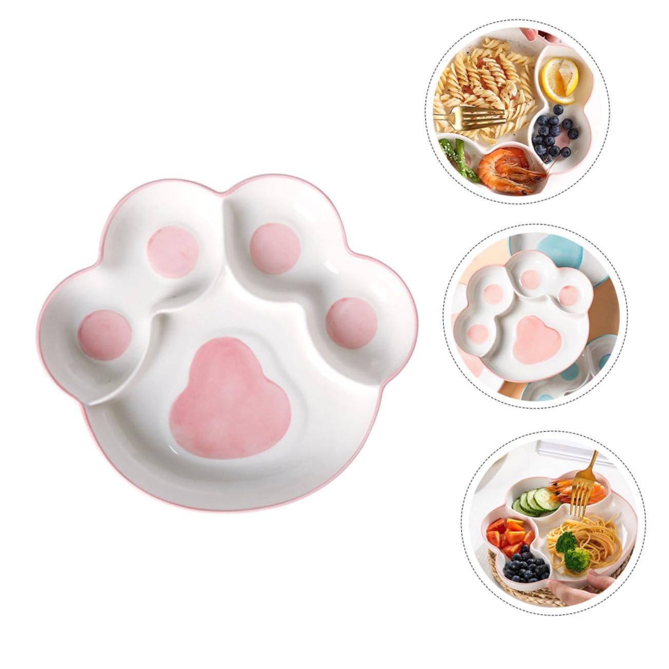 Uonlytech Assiette en Céramique à Compartiments 9 Pouces Couleur Rose, Plaque D’Accueil Multifonction pour Fruits Et Collations, Usage Quotidien Et Repas Équilibré, Design Original Patte De Chat