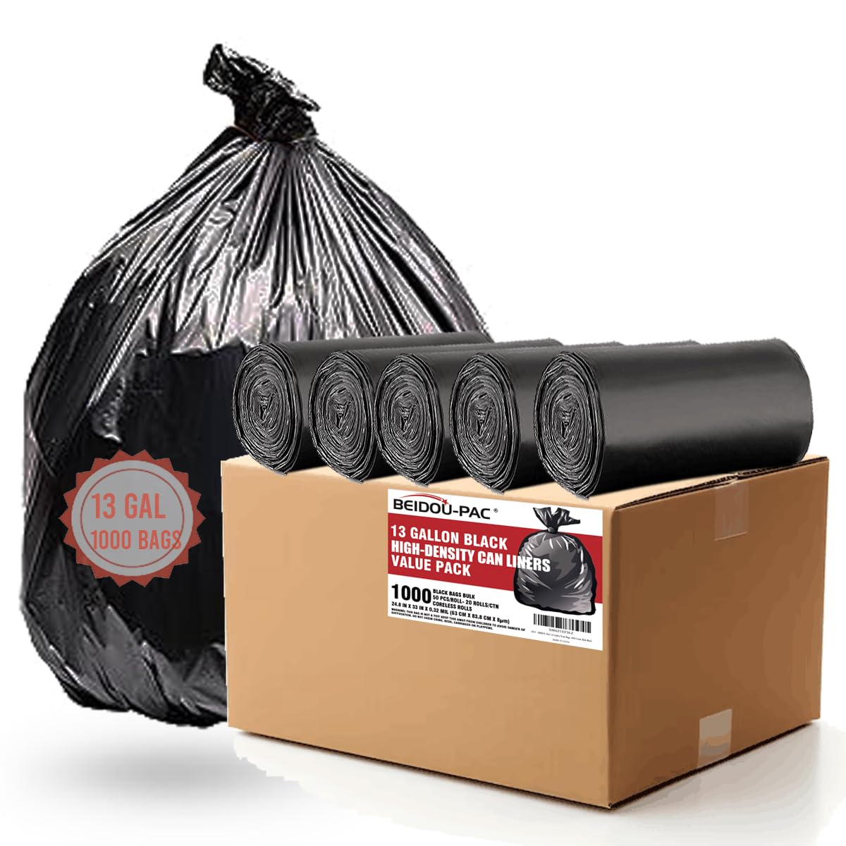 13 Gallon Trash Bags, 1000 Count Bulk Value Pack, Black Tall Kitchen Garbage bags, Multi-purpose Trash Can Bin Liners for Bathroom, Office, Industrial