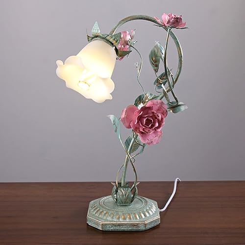 Meefad Floral Table Lamp, Elegant Bedside Nightstand Lamps with Glass Shade, Girls Night Light for Small Desk Bedroom Living Room