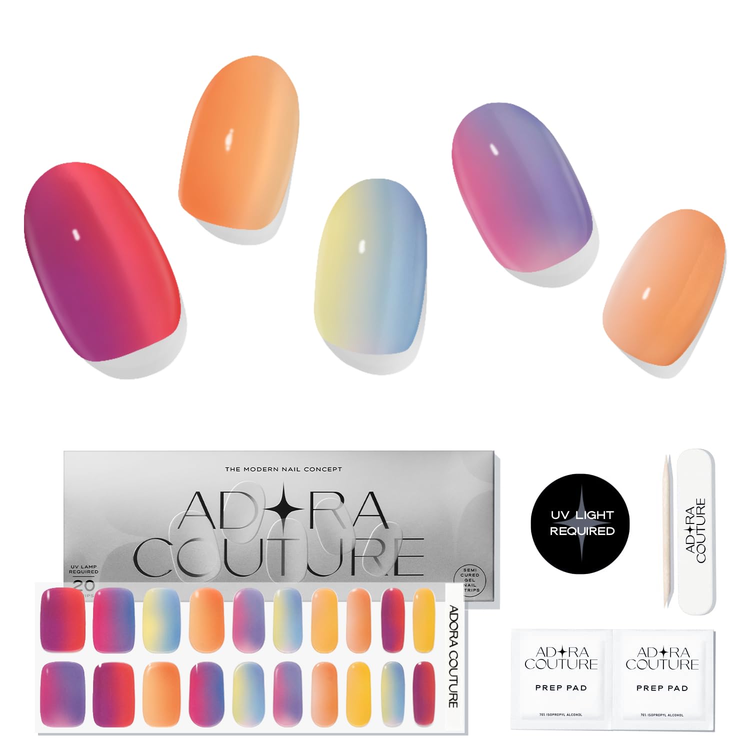 Adora Couture Semi Cured Gel Nail Strips with 20 Pieces - UV Gel Stickers, Manicure Kit, Easy Application Wraps Includes Prep Pads, Nail File, Wooden