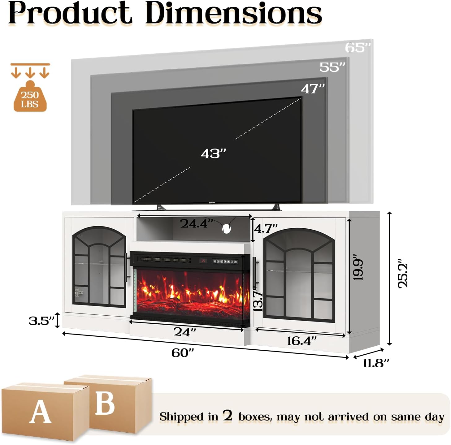 60" Fireplace TV Stand, TV Stand with 3-Sided Glass Electric Fireplace, White Entertainment Center Console with Storage Cabinets for TVs up to 70", 24" Fire Place Modern TV Stands for Living Room
