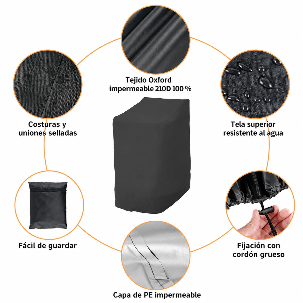 Funda para Sillas Apilables de Jardín Impermeable 2 Unidades, 210D Oxford | Funda Protectora Para Sillas de Exterior, Anti-Viento Anti-UV, con Cordón Ajustable, Hebillas y Ventilación