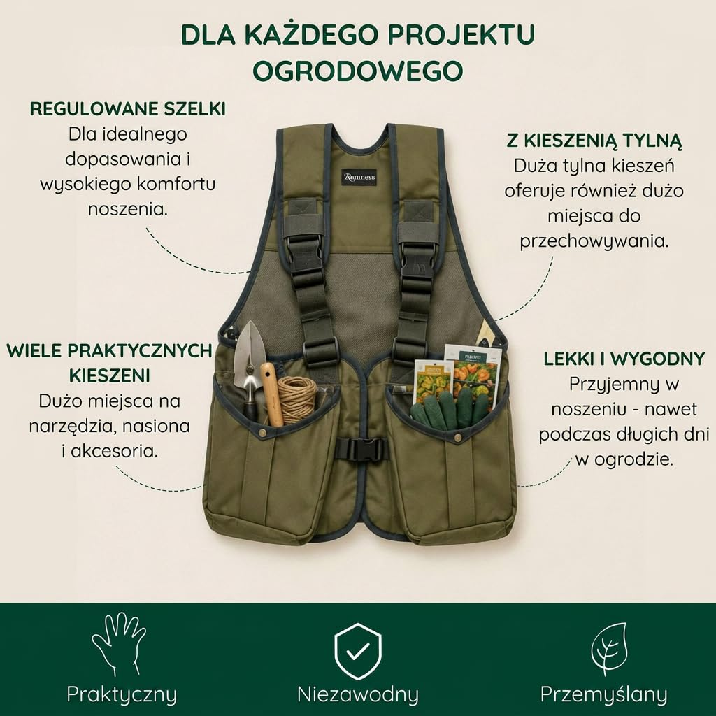 Romneys Kamizelka ogrodowa z dużymi kieszeniami – wytrzymała kamizelka robocza do prac ogrodowych – wielofunkcyjna kamizelka z kieszenią na plecy na narzędzia i akcesoria – dla kobiet i mężczyzn (L)