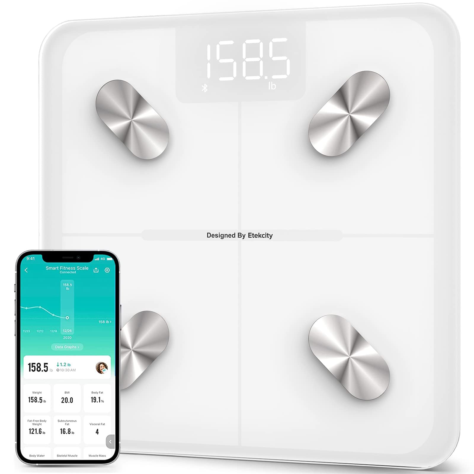 Etekcity Smart Scale for Body Weight, Digital Bathroom Weighing Scales with Body Fat and Water Weight for People, Bluetooth BMI Electronic Body Analyzer Machine, 400lb