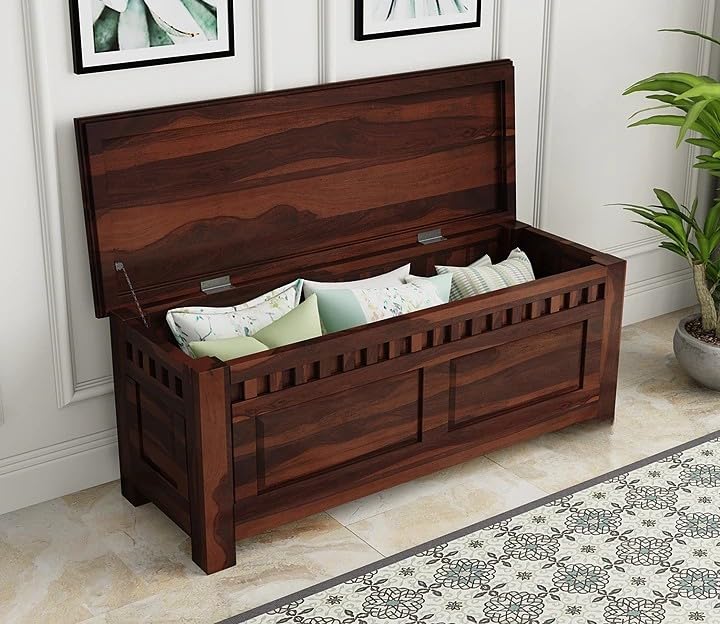 Solid Wood Hand Crafted Wooden Trunk Box For Bedroom. Wooden Trunk Box For Storage Living Room Furniture|. Trunks Box For Storage Large. (Walnut, Size: 46x24x21 Inch)
