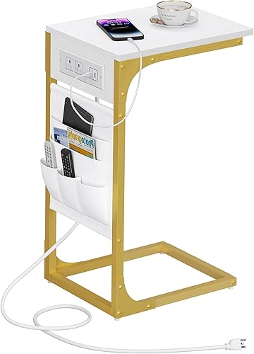 Miniatura 16 de TUTOTAK Mesa auxiliar en forma de C con estación de carga, mesa auxiliar para sofá, sofá con bolsa de almacenamiento, juego de 2, bandeja de TV con