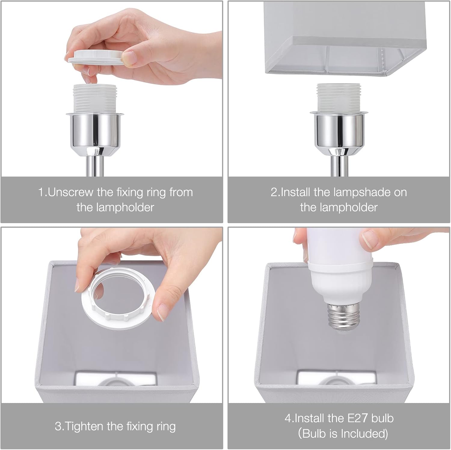 Four-step assembly guide for the Kakanuo lamp, showing unscrewing the ring, placing the shade, tightening the ring, and installing the bulb.