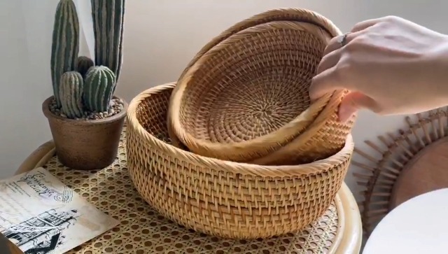 Set di 3 Cestini per Frutta Rotondi Intrecciati in Rattan