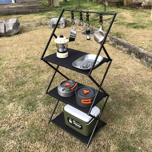 Walkervo 2 in 1 Folding Shelf Storage Rack Camping Side Table Heavy Duty Foldable Metal Rack Shelving Organizer Aluminum Alloy Travel Beach Tables Fold Up for BBQ Party Camping with Carry Bag,3-Tier