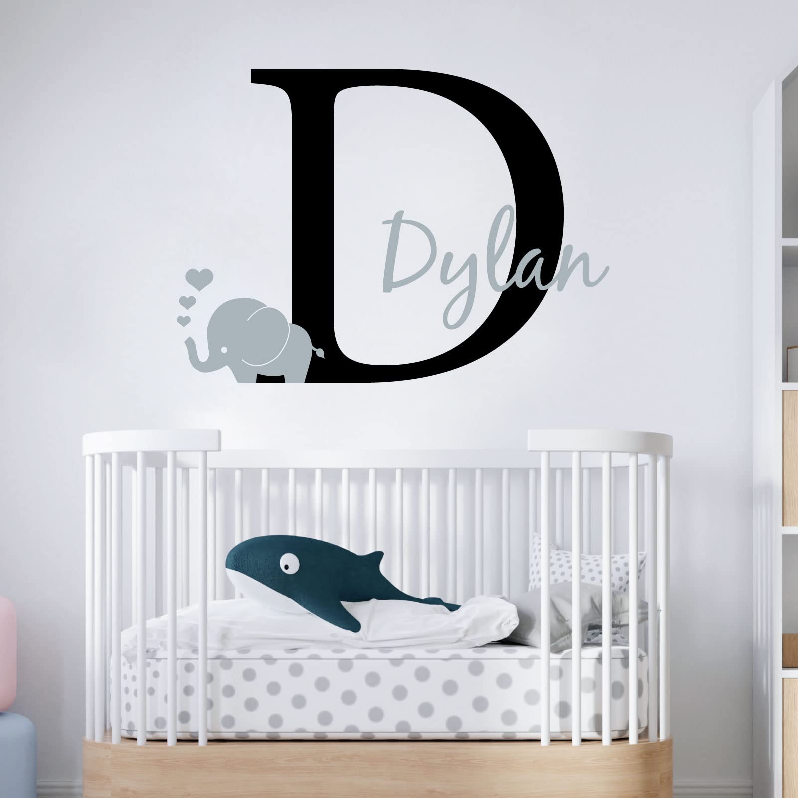 Personalised Baby Girl/Boy Name with Initial Letter and Baby Elephant, Hearts - 2 Colours [Large] [Black]