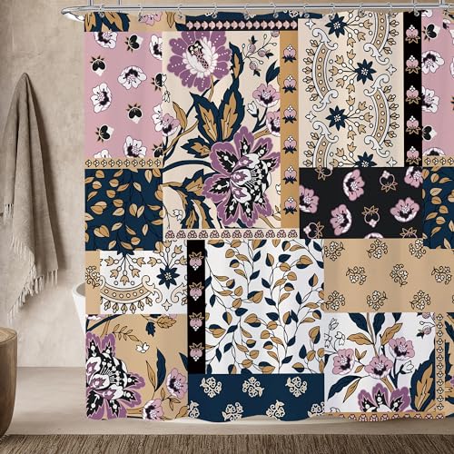 Opeoddie OPE-BOHM-SHFH Boho Flower Patchwork Shower Curtain 72X72 Bohemian Flower Aztec Shower Curtain Set Stitching Stitch Botanical Vintage Paisley Bath Curtain thumb #2
