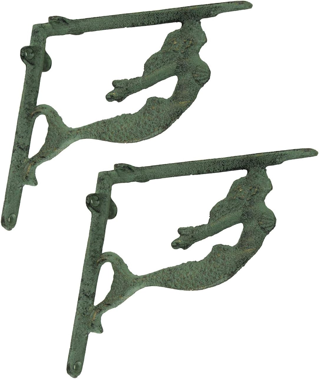 Set of 2 Verdigris Green Cast Iron Swimming Mermaid Wall Shelf Brackets - Easy Install - 7 Inches Long - Decorative Accents for Your Nautical Home Decor