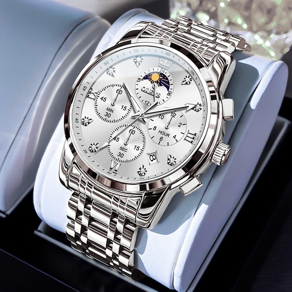 OLEVS Men's Luxury Watch Stainless Steel Band Waterproof Business Dress Quartz Wrist Watch for Men, Classic Round Dial Fashion Mens Watches, Ideal Gift for Men Father's Day Anniversary Luminous