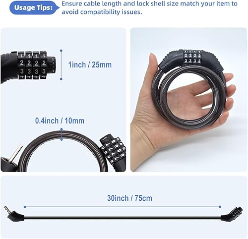 Miniatura 2 de Cable de bloqueo de bicicleta, cerradura de combinación de 30 pulgadas, reiniciable de 4 dígitos, negro