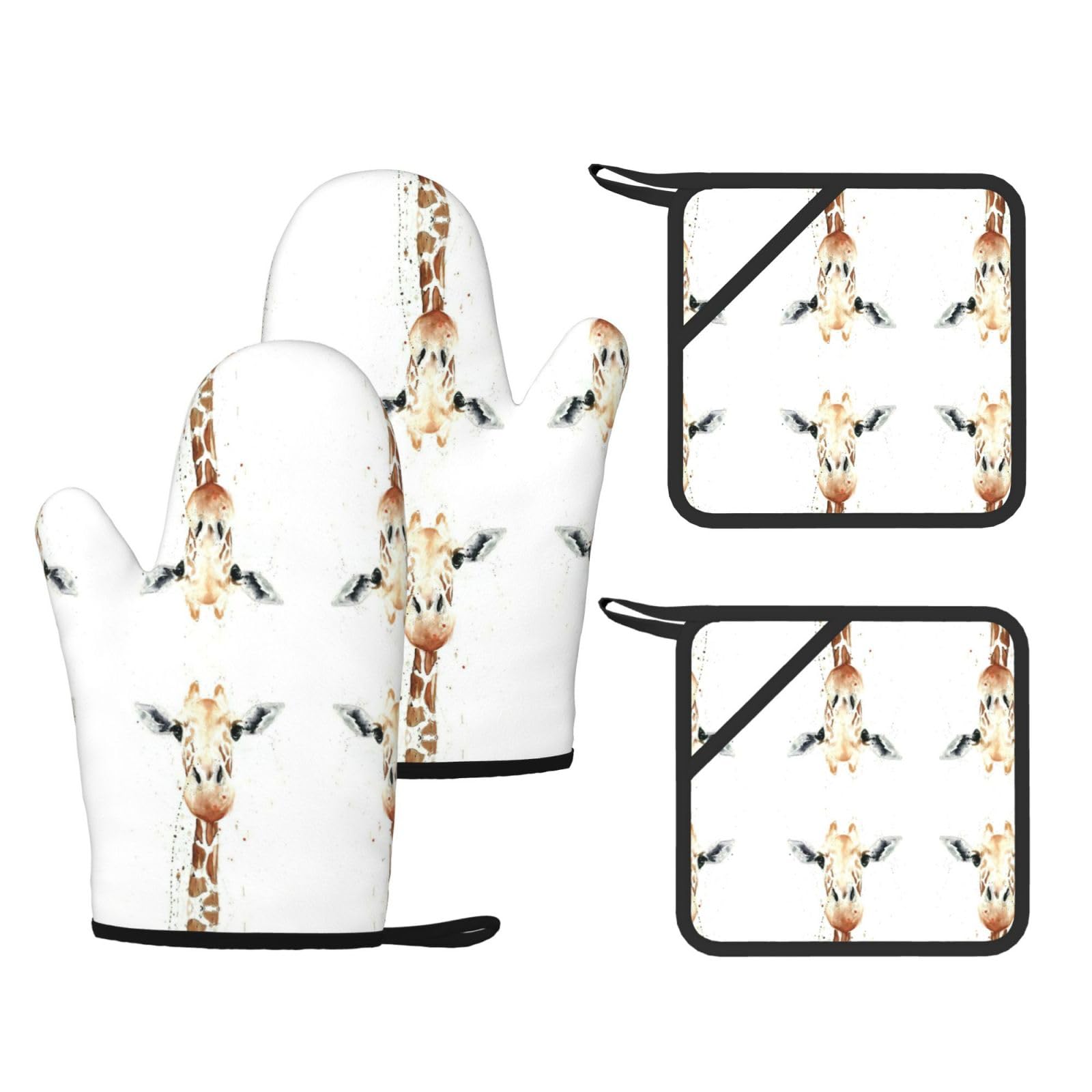 clever giraffe Printed Oven Gloves and Hot Pads Set of 4, High Heat Resistant Silicone Mitts for Cooking BBQ