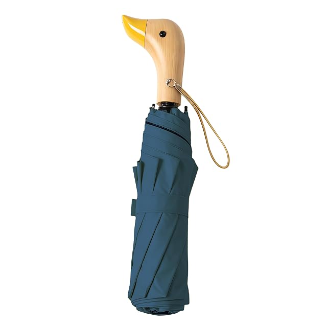 Travel Folding Umbrella with Cute Duck wooden Handle Wide Strap Rain Sun UPF 50 UV Protection Compact Lightweight