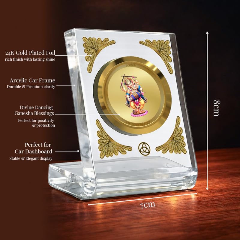 Image of DIVINITI 24K Gold Plated Lord Dancing Ganesha Acrylic Frame for Car Dashboard, Home Temple & Office Table | Premium Spiritual Gift, Blessings for Protection & Positivity, 8x7 cm Decorative Showpiece