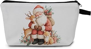 Christmas Retro Santa Reindeer Fox Makeup Bag Gift for Women | Holiday Birthday Present Travel Makeup Storage Unique Retro Santa Reindeer Fox Print Design for Beauty Essentials Daily Use