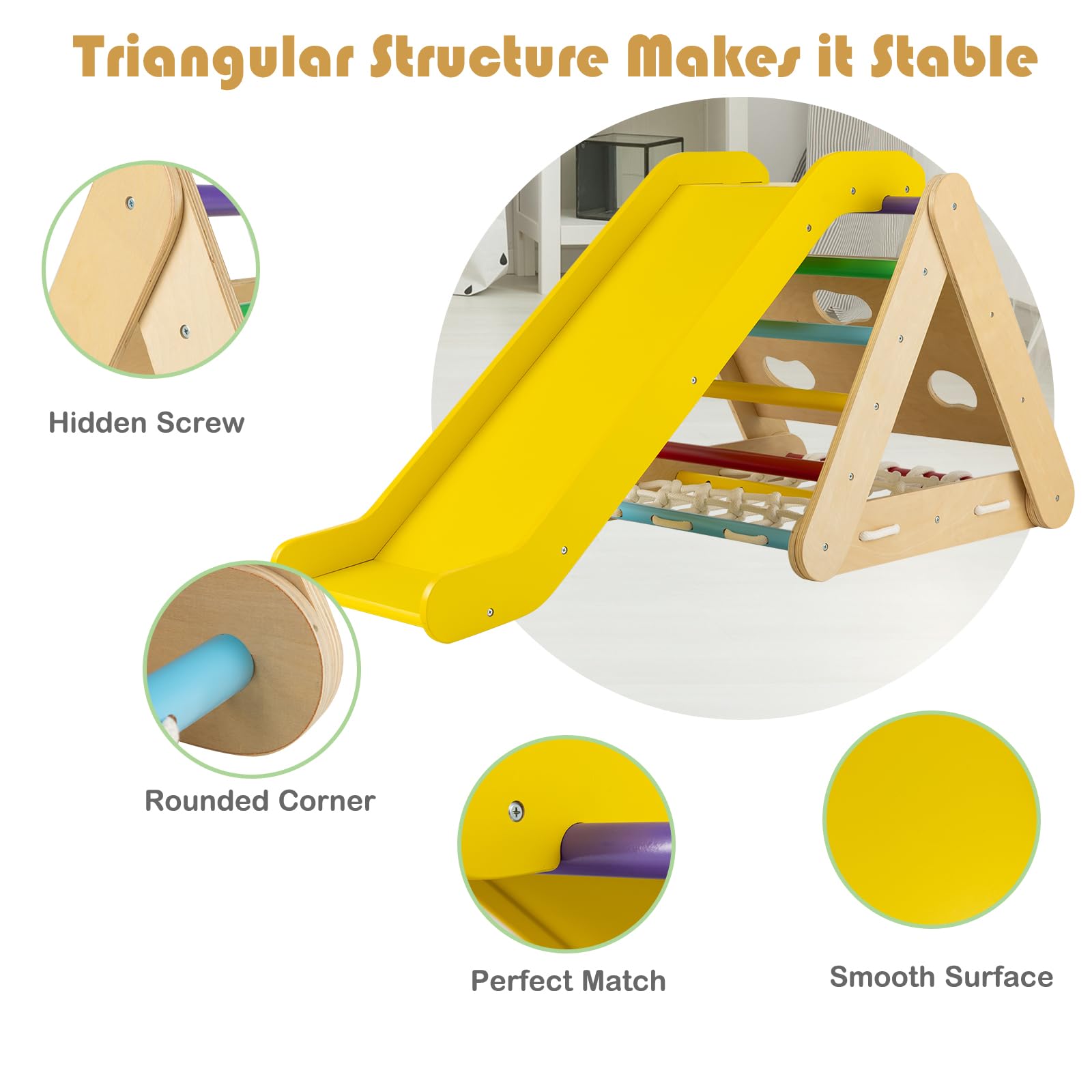 HOMASIS Set di Arrampicata per Bambini con Scivolo, Parco Giochi Bambini Interno in Legno, Triangolo da Arrampicata Montessoriano per Bambini da 1+ Anni, Capacità 50kg (Colorato)