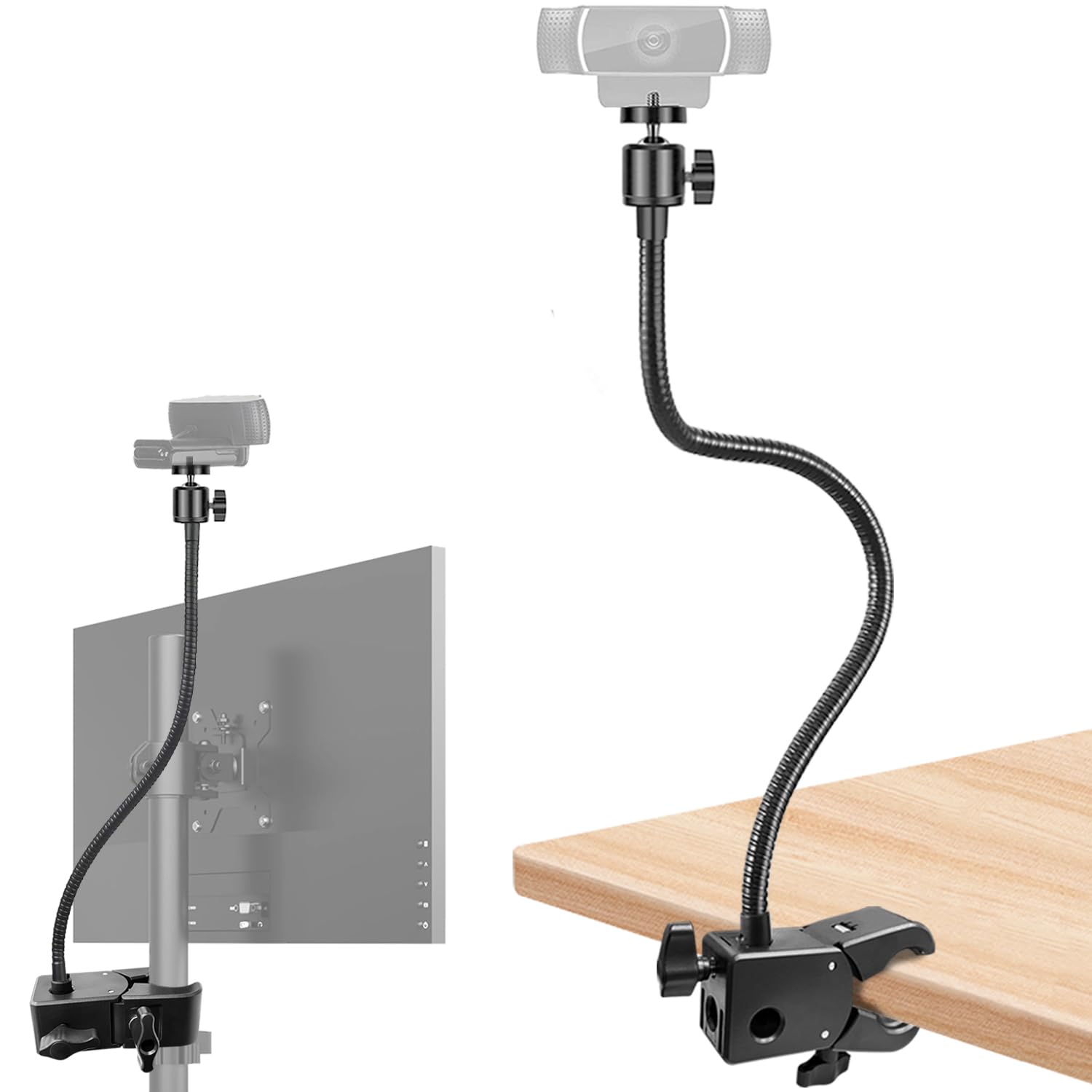 Khazylorr Webcam Stand, Webcam Mount Gooseneck Arm with Phone Holder Web Camera Stand Desk Mount Clip Clamp for Logitech Webcams C922 C930e C920S C920 C615 C960 C920x BRIO 4K NexiGo N60 and More