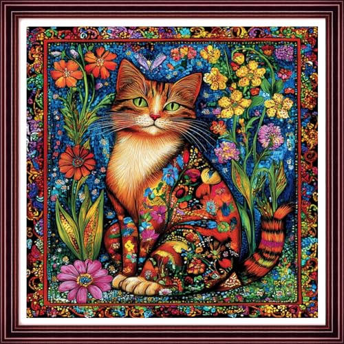 Image of Redxing Stamped Cross Stitch Kits Full Range of Embroidery Starter Kits- Needlepoint Counted Cross Stitch Kits for Beginner Adults 11CT Printed Embroidery Kit-Magical Flower Cat 18x18 inch
