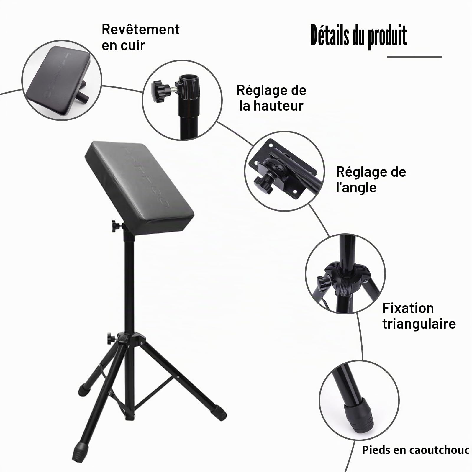 Accoudoir de tatouage avec plateau - Repose-bras pliable réglable en hauteur et en inclinaison - En cuir noir - Pour studio de tatouage