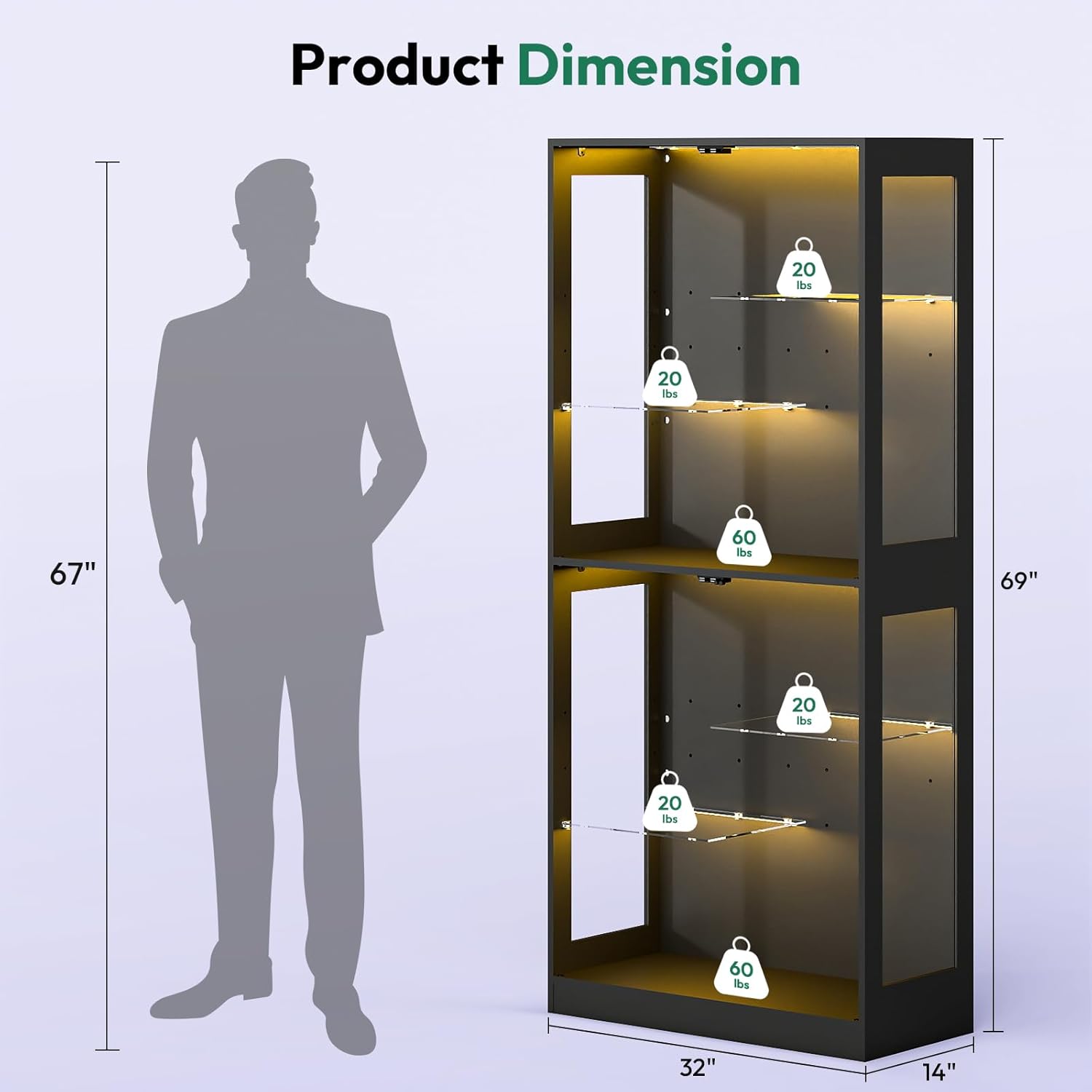 Display Cabinet with Lights - 69" Curio Cabinet for Collectibles with Glass Door and Adjustable Shelves, 4 Tier Glass Display Case for Living Room, Black Tall Black