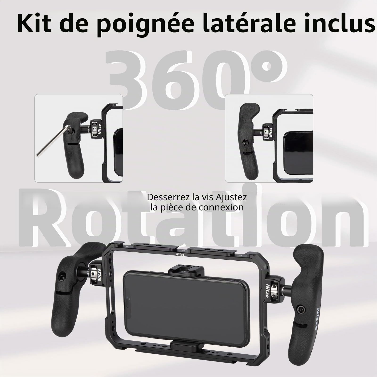 Nitze Téléphone Vidéo Stabilisateur, Cage de Téléphone avec Poignées Latérales, Smartphone Vidéo Cage Universelle pour iPhone 17/16/15 Pro Max/Samsung Galaxy S25 Ultra - T-MP01B