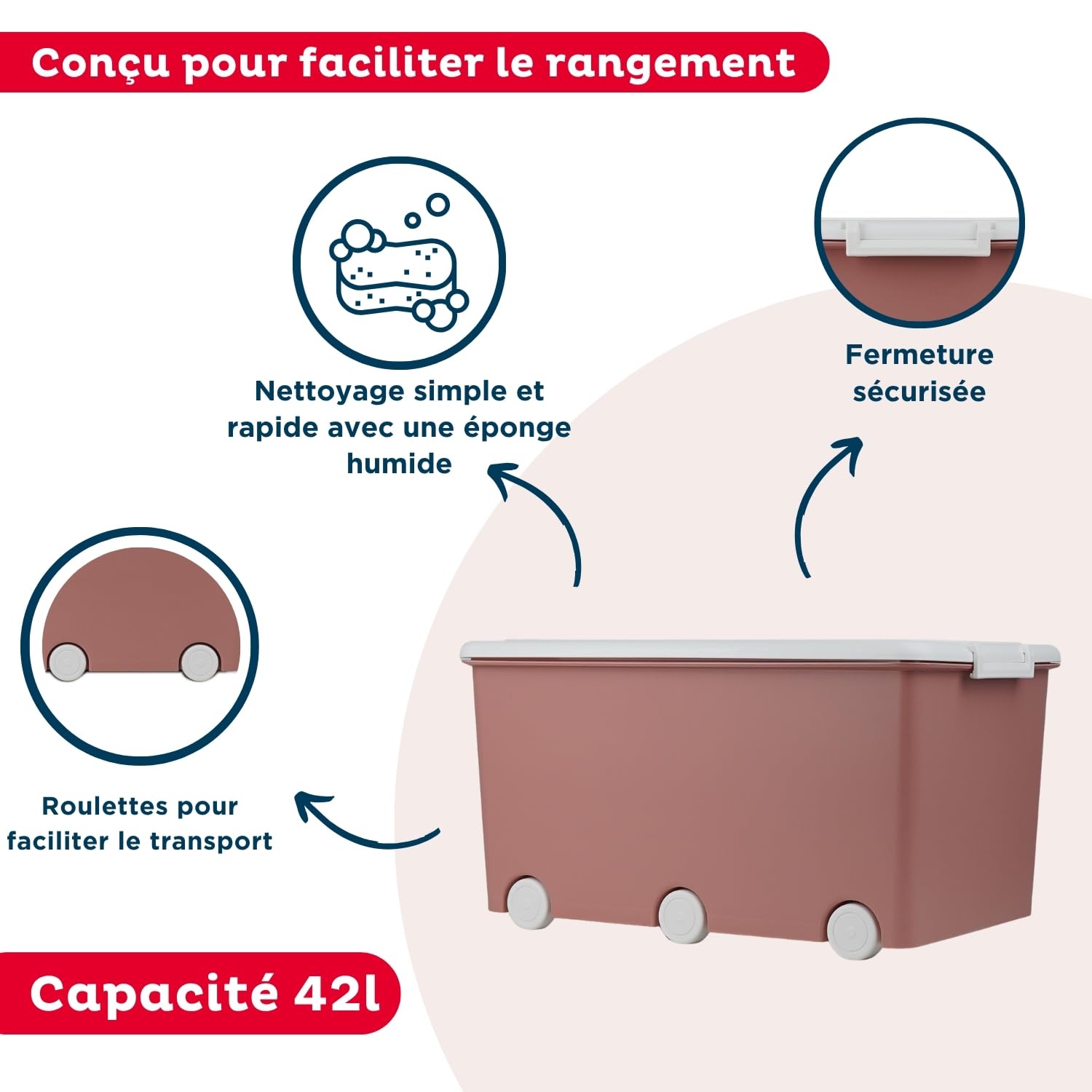 Thermobaby - Coffre de rangement PLAYBOX - MAXI 42 L - Lot de 3 Boites de Rangement - Caisse de Rangement en Plastique avec Couvercle - Clips de Fermeture - Poignée - Empilable - Rose