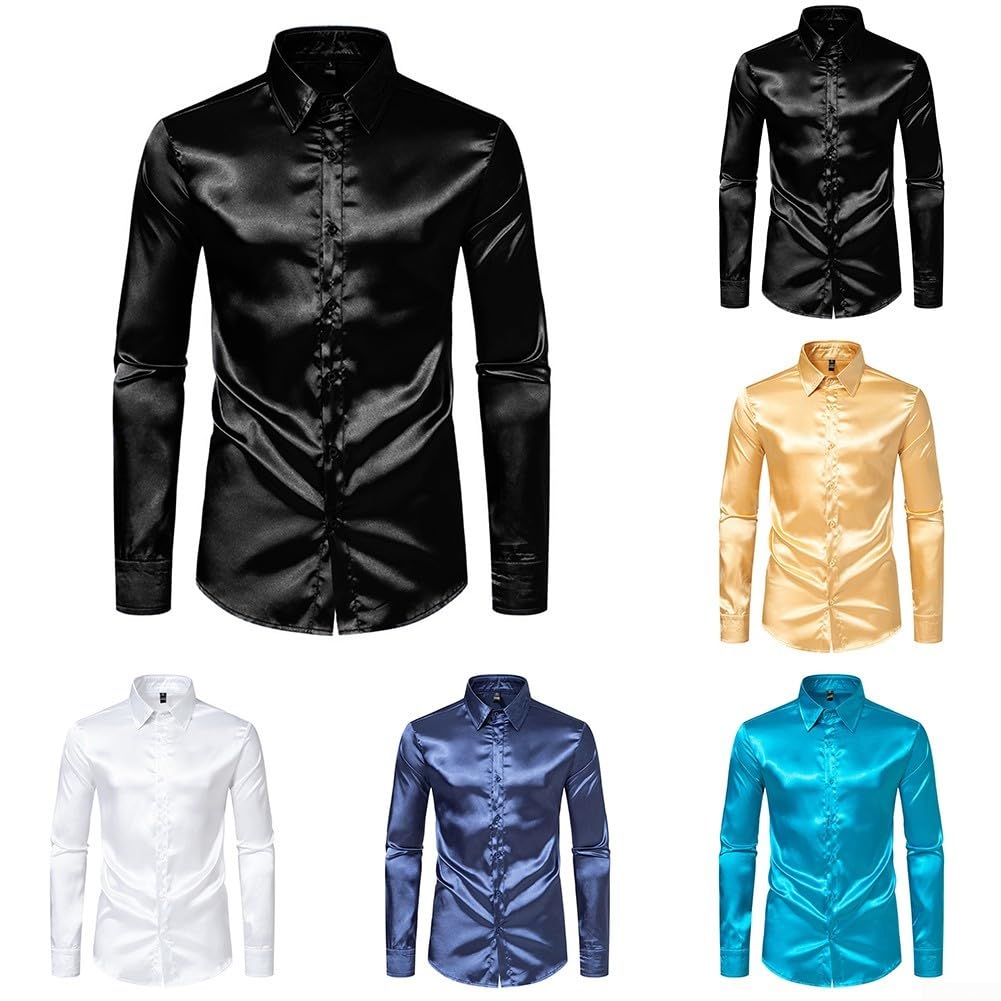QOXEZY Camicia da uomo in raso di seta casual slim fit abbottonatura giù partito manica lunga