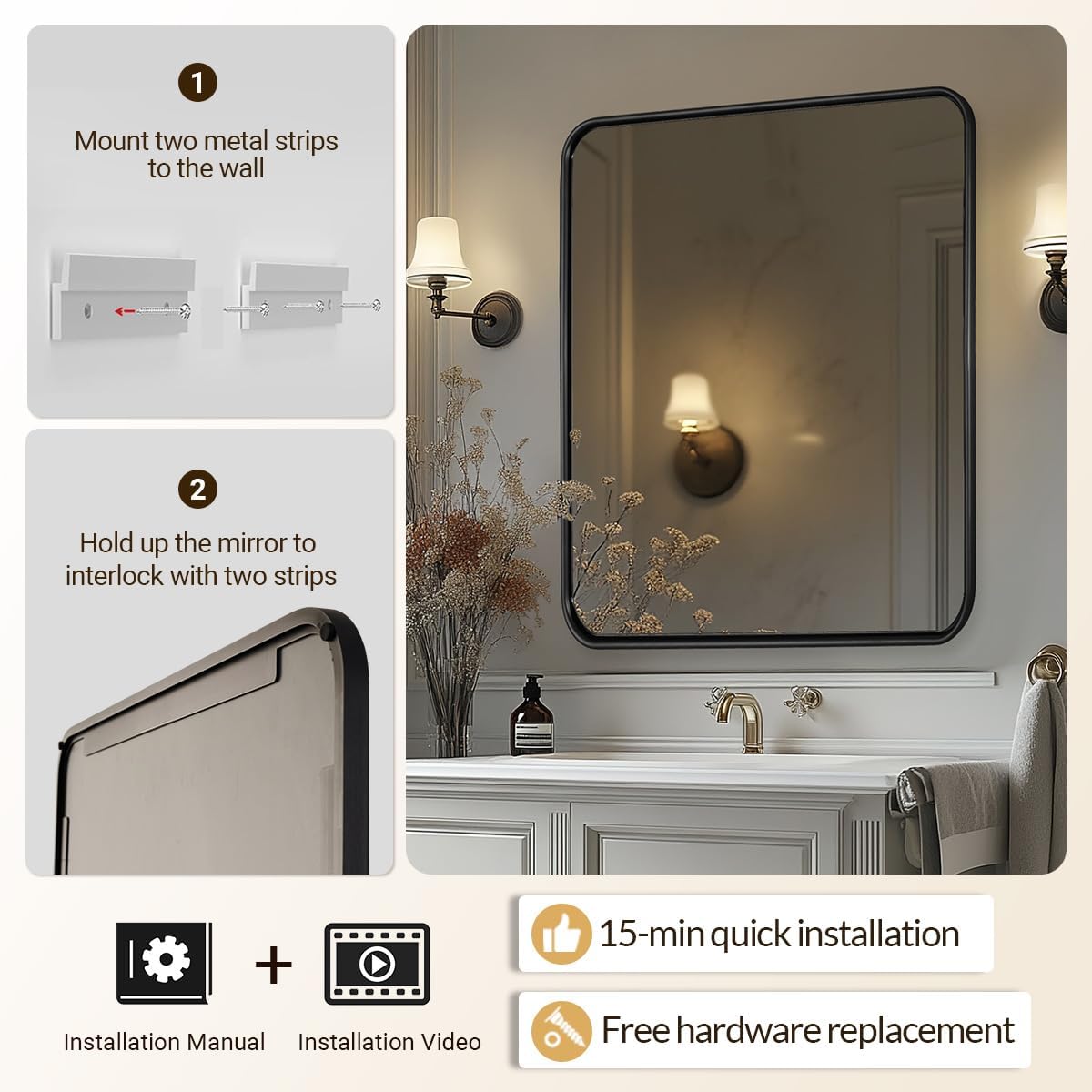ANDY STAR Black Bathroom Mirror, 30x36 Inch Rounded Rectangle Mirror for Bathroom, Modern Tube Metal Framed Rectangular Mirror for Vanity, Contemporary Wall-Mounted Mirror with Explosion-Proof Film