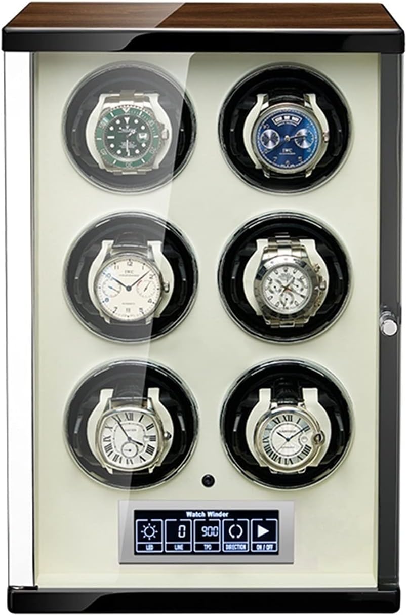 Watch Winder for 6 Automatic Watches, Wooden Shell, Built-in LED Illumination and LCD Touchscreen Control, Ultra-Silence (6+0)