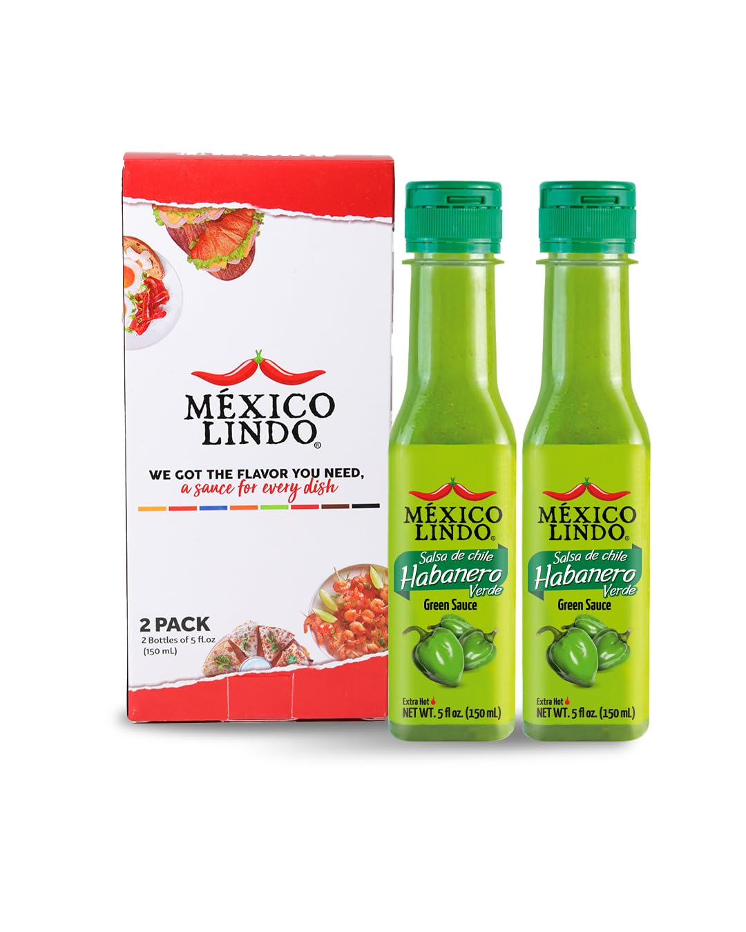 Mexico Lindo Green Habanero Hot Sauce Display, 5 fl oz, Pack of 2