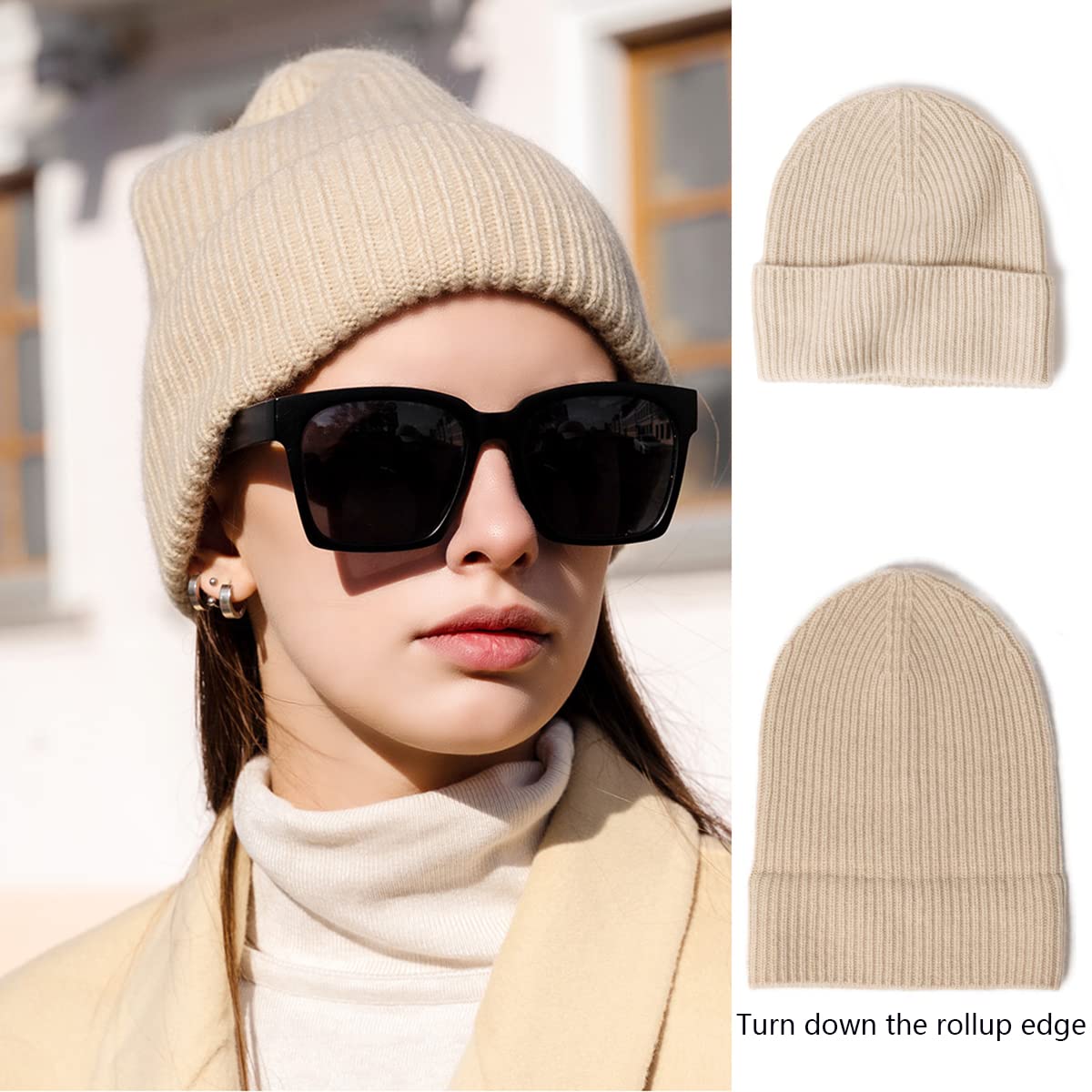 Berretto Classico Donna in Cashmere, Cappello a Polsino a Maglia Caldo Invernale, Morbido Cappellino a Cranio Casual Berretto da Pescatore Cappelli da Sci in 100% Cashmere, Regalo Donne Beige One
