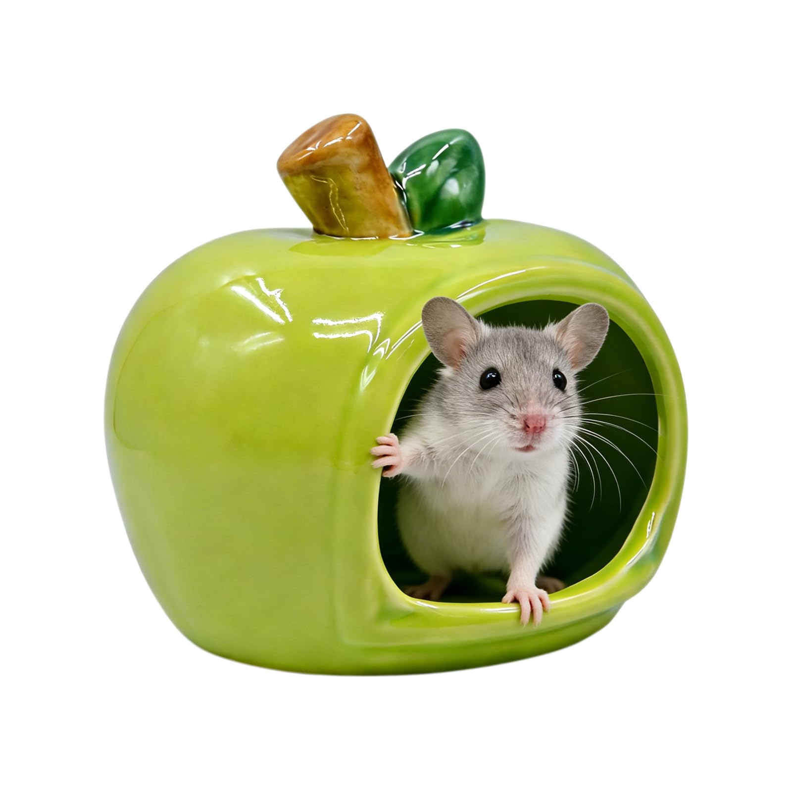 Nascondiglio in ceramica per criceti, non tossico, piccolo habitat a forma di mela, resistente alla masticazione, rifugio smaltato per criceti nani, gerbilli, orsi d'oro (verde)