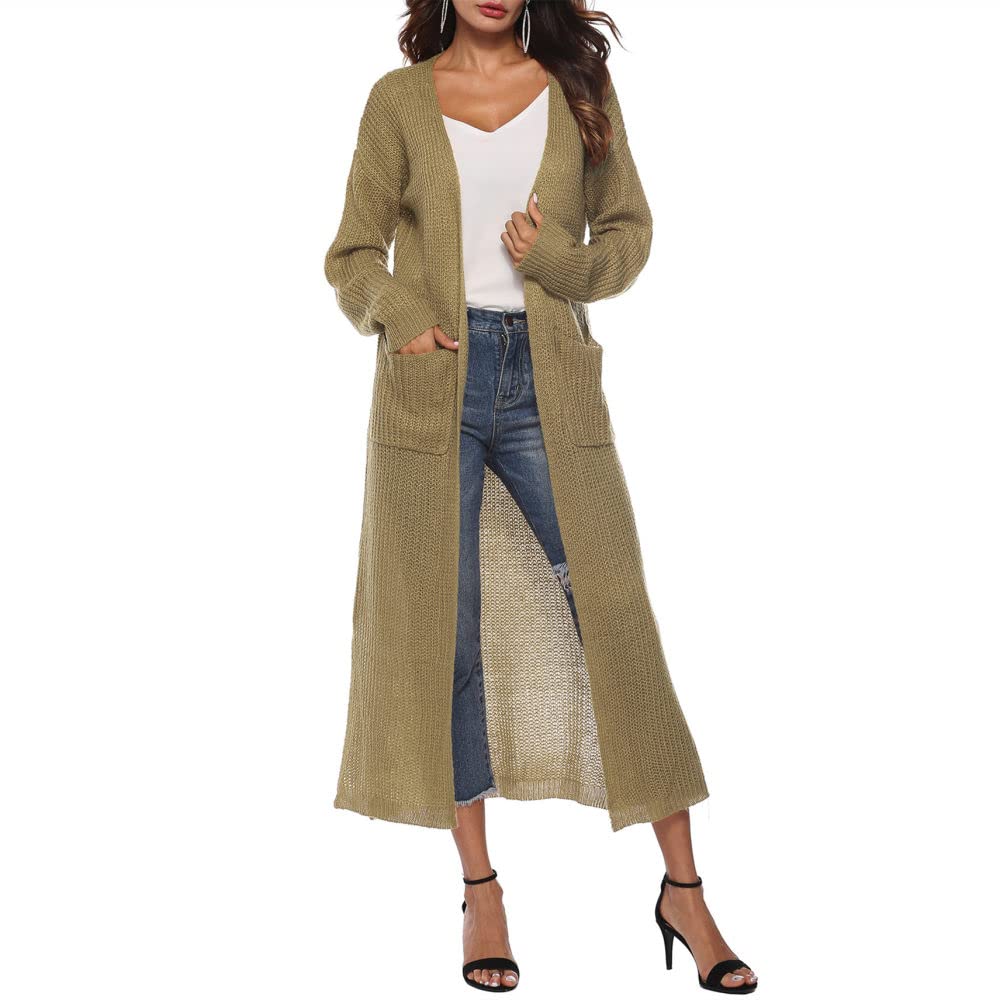 Cárdigan para Mujer Cárdigan de Punto para Mujer Abrigo Liso Color Caqui Suéteres Largos Cárdigan de Manga Larga con Frente Abierto Cárdigan de Primavera Chaqueta de Punto Suave para Uso Diario