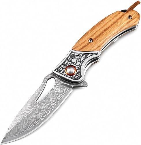 KKGT0028 Damascus Steel Folding Knife with VG10 Core, Drop Point Blade, Frame Lock, Ball Bearing Pivot, EDC Gentleman's Folder, 16.5 cm