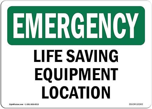 Señal de emergencia OSHA - Ubicación del equipo de salvamento  Señal de plástico rígido  Proteja su negocio