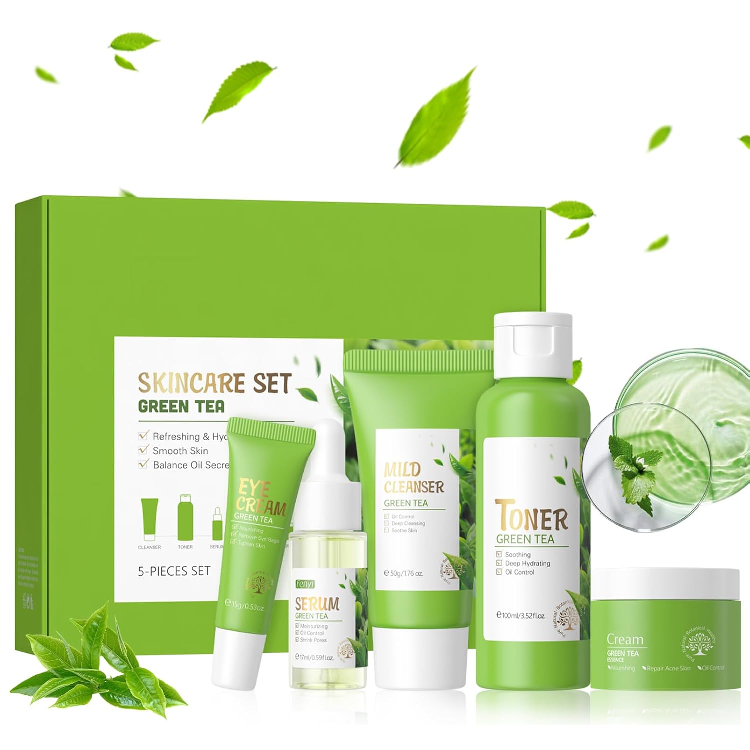Green Tea Skincare Set for Women, Facial Kit for Women/Teenage Girls, Facial Skin Care Sets & Kits with Cleanser, Toner, Serum, Eye Cream, Cream, Skincare Gift Set Glow Skin, Balance Oil, Shrink Pore
