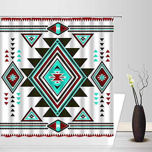 Southwestern Aztec Shower Curtain Native American Teal Red Abstract Retro Geometric Tribal Navajo Aztec Ethnic Mesas Colorful Boho Modern Geometric Fabric Bathroom Decor Curtain With Hooks #TOP13